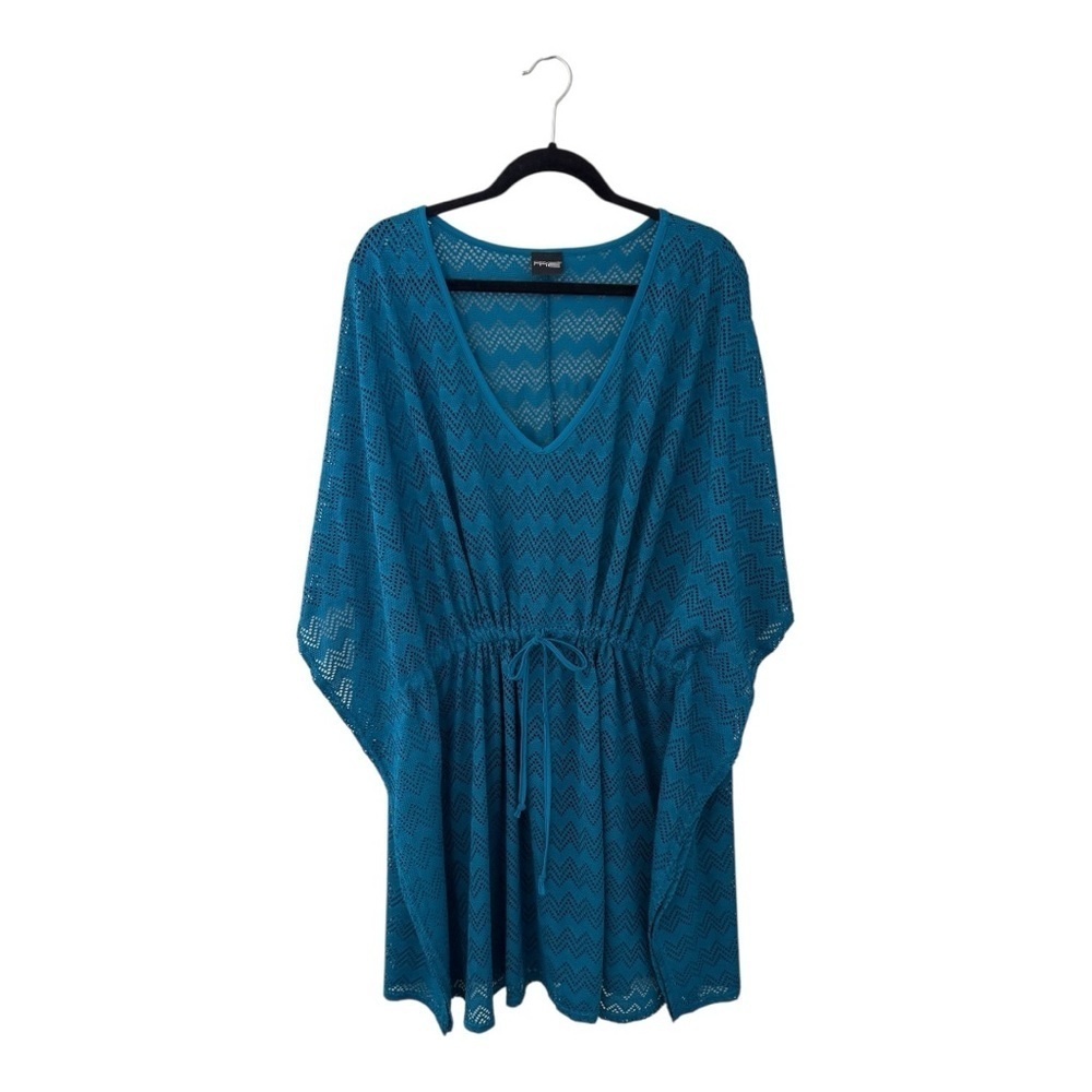 Turquoise Zig Zag Open Knit V-Neck With Drawstring Tie Kaftan Swim Coverup